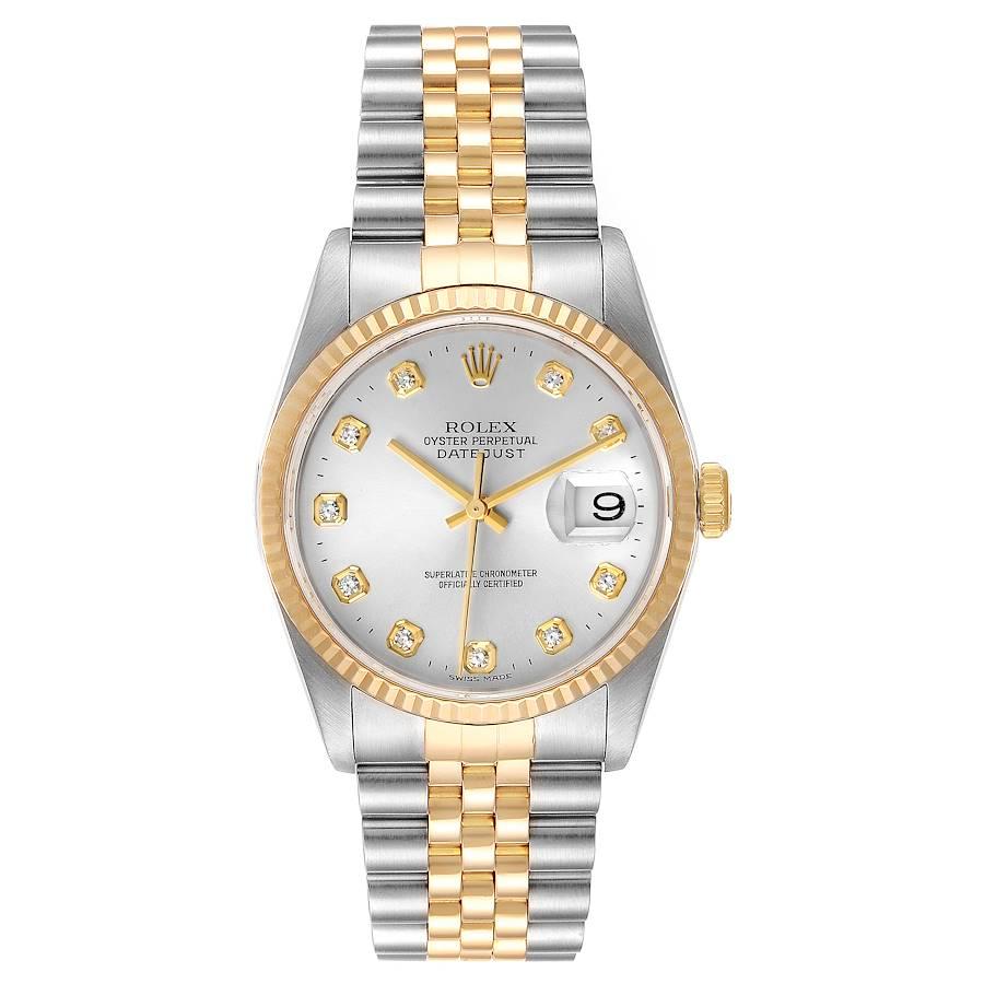 Rolex Datejust Steel Yellow Gold Silver Diamond Dial Mens Watch 16233. Officially certified chronometer self-winding movement. Stainless steel case 36 mm in diameter.  Rolex logo on a 18K yellow gold crown. 18k yellow gold fluted bezel. Scratch