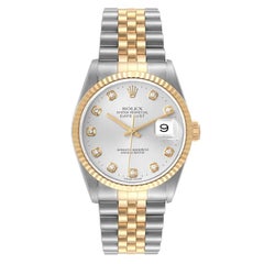 Rolex Datejust Steel Yellow Gold Silver Diamond Dial Mens Watch 16233