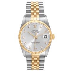 Rolex Datejust Steel Yellow Gold Silver Diamond Dial Mens Watch 16233