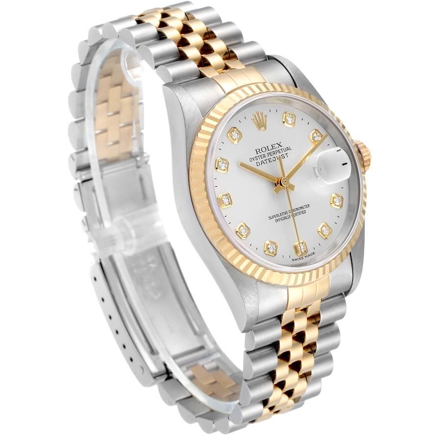Rolex Datejust Steel Yellow Gold Silver Diamond Dial Mens Watch 16233 In Excellent Condition For Sale In Atlanta, GA