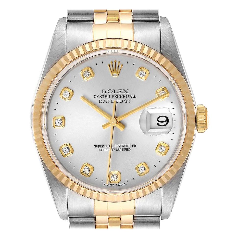 Rolex Datejust Steel Yellow Gold Silver Diamond Dial Mens Watch 16233 For Sale