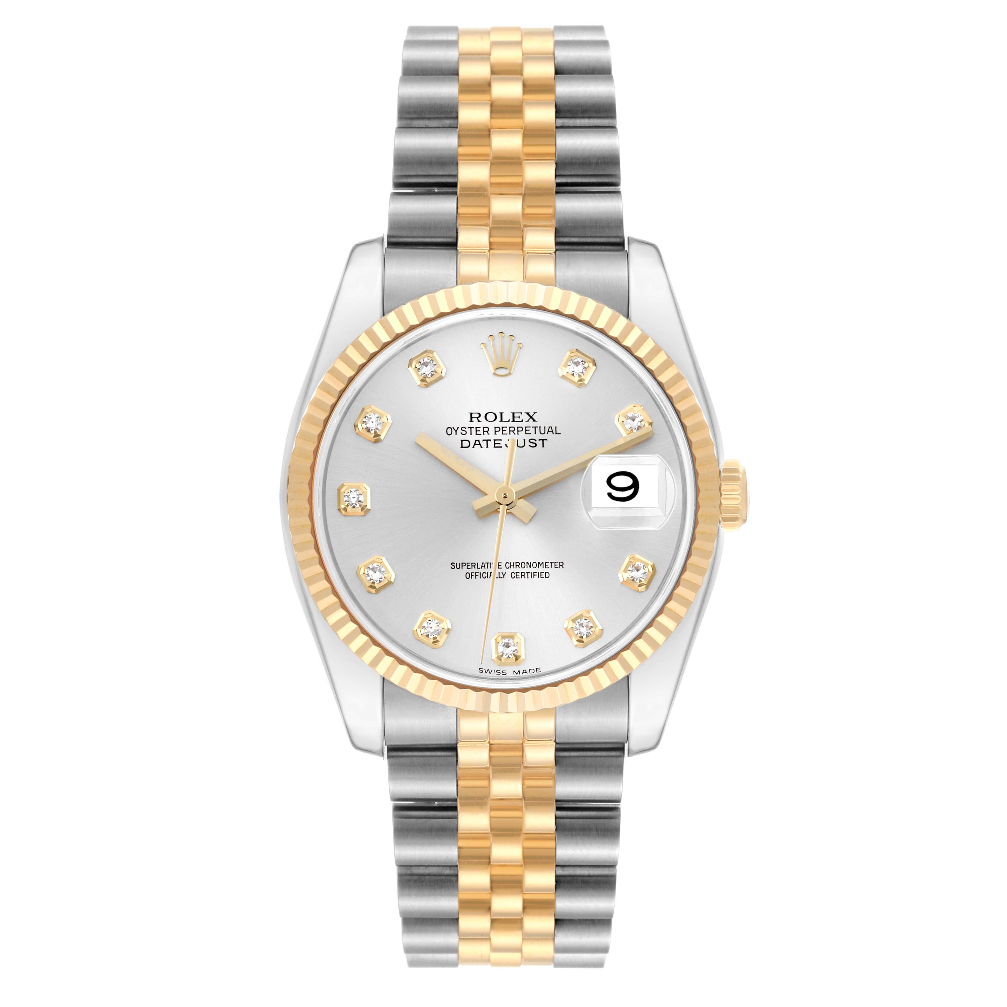 Men's Rolex Datejust Steel Yellow Gold Silver Diamond Dial Watch 116233 Box Papers