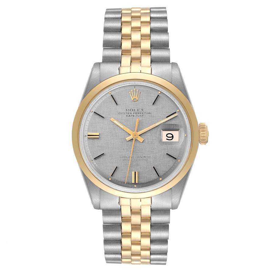 Rolex Datejust Steel Yellow Gold Silver Linen Dial Vintage Mens Watch 1600. Officially certified chronometer self-winding movement. Stainless steel oyster case 36.0 mm in diameter. Rolex logo on a crown. 18k yellow gold smooth bezel. Acrylic crystal