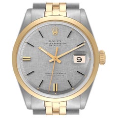 Rolex Datejust Steel Yellow Gold Silver Linen Dial Vintage Mens Watch 1600
