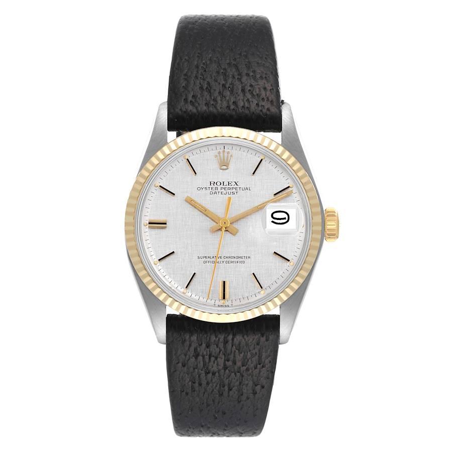 Rolex Datejust Steel Yellow Gold Silver Linen Dial Vintage Mens Watch 1601. Officially certified chronometer automatic self-winding movement. Stainless steel case 36 mm in diameter. Rolex logo on an 18k yellow gold crown. 18k yellow gold fluted