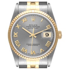 Rolex Datejust Steel Yellow Gold Silver Roman Dial Mens Watch 16233
