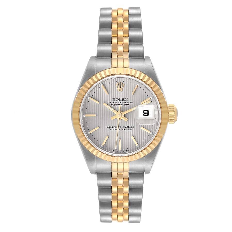 Rolex Datejust Steel Yellow Gold Silver Tapestry Dial Ladies Watch 79173. Officially certified chronometer automatic self-winding movement. Stainless steel oyster case 26.0 mm in diameter. Rolex logo on an 18K yellow gold crown. 18k yellow gold