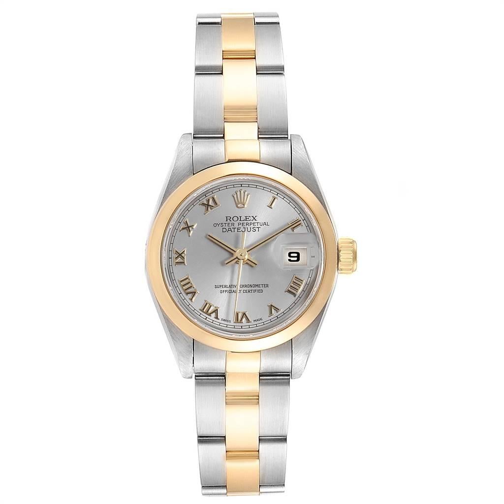 Rolex Datejust Steel Yellow Gold Slate Dial Ladies Watch 69163. Officially certified chronometer self-winding movement. Stainless steel oyster case 26.0 mm in diameter. Rolex logo on a crown. 18k yellow gold smooth bezel. Scratch resistant sapphire