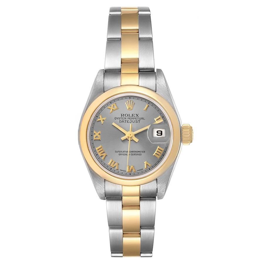 Rolex Datejust Steel Yellow Gold Slate Dial Ladies Watch 79163 Box Papers. Officially certified chronometer self-winding movement. Stainless steel oyster case 26 mm in diameter. Rolex logo on a 18k yellow gold crown. 18k yellow gold smooth domed