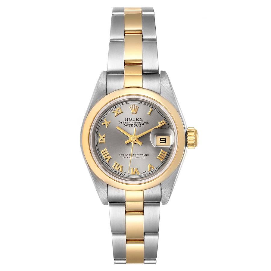 Rolex Datejust Steel Yellow Gold Slate Dial Ladies Watch 79163. Officially certified chronometer self-winding movement. Stainless steel oyster case 26 mm in diameter. Rolex logo on a 18k yellow gold crown. 18k yellow gold smooth domed bezel. Scratch