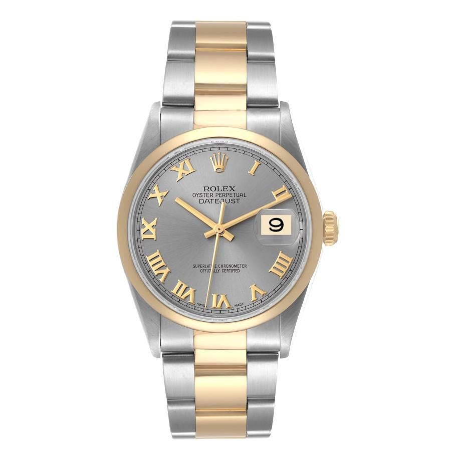 Rolex Datejust Steel Yellow Gold Slate Dial Mens Watch 16203 Box Card. Officially certified chronometer automatic self-winding movement. Stainless steel case 36 mm in diameter. Rolex logo on an 18K yellow gold crown. 18k yellow gold smooth bezel.
