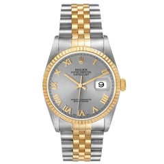 Rolex Datejust Steel Yellow Gold Slate Dial Mens Watch 16233 Box Papers