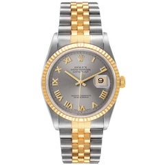 Rolex Datejust Steel Yellow Gold Slate Dial Mens Watch 16233 Box Papers