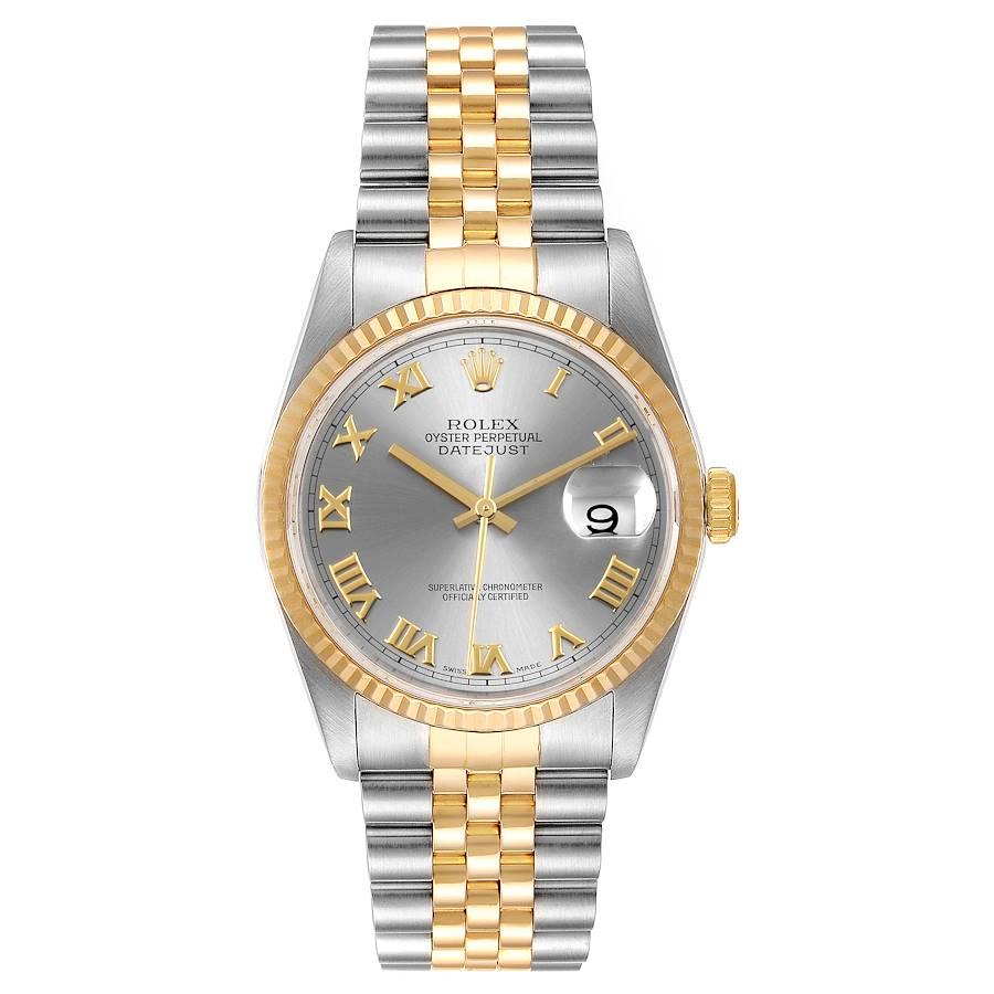 Rolex Datejust Steel Yellow Gold Slate Dial Mens Watch 16233. Officially certified chronometer self-winding movement. Stainless steel case 36 mm in diameter. Rolex logo on a 18K yellow gold crown. 18k yellow gold fluted bezel. Scratch resistant