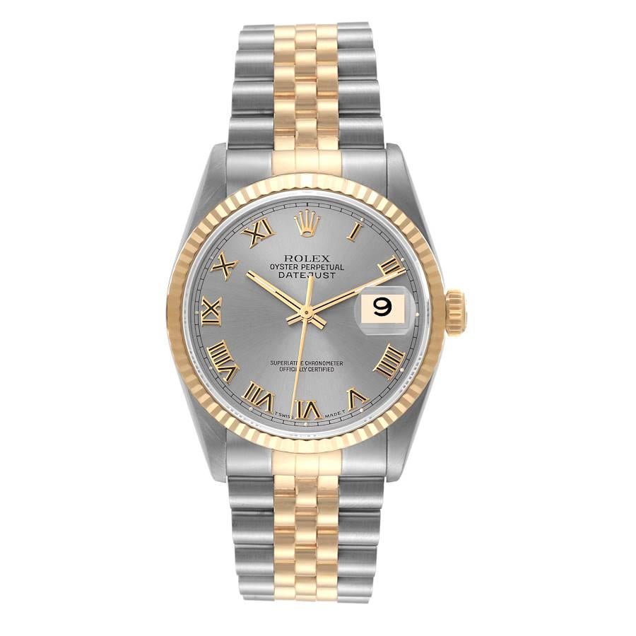 Rolex Datejust Steel Yellow Gold Slate Dial Mens Watch 16233. Officially certified chronometer automatic self-winding movement. Stainless steel case 36 mm in diameter.  Rolex logo on an 18K yellow gold crown. 18k yellow gold fluted bezel. Scratch