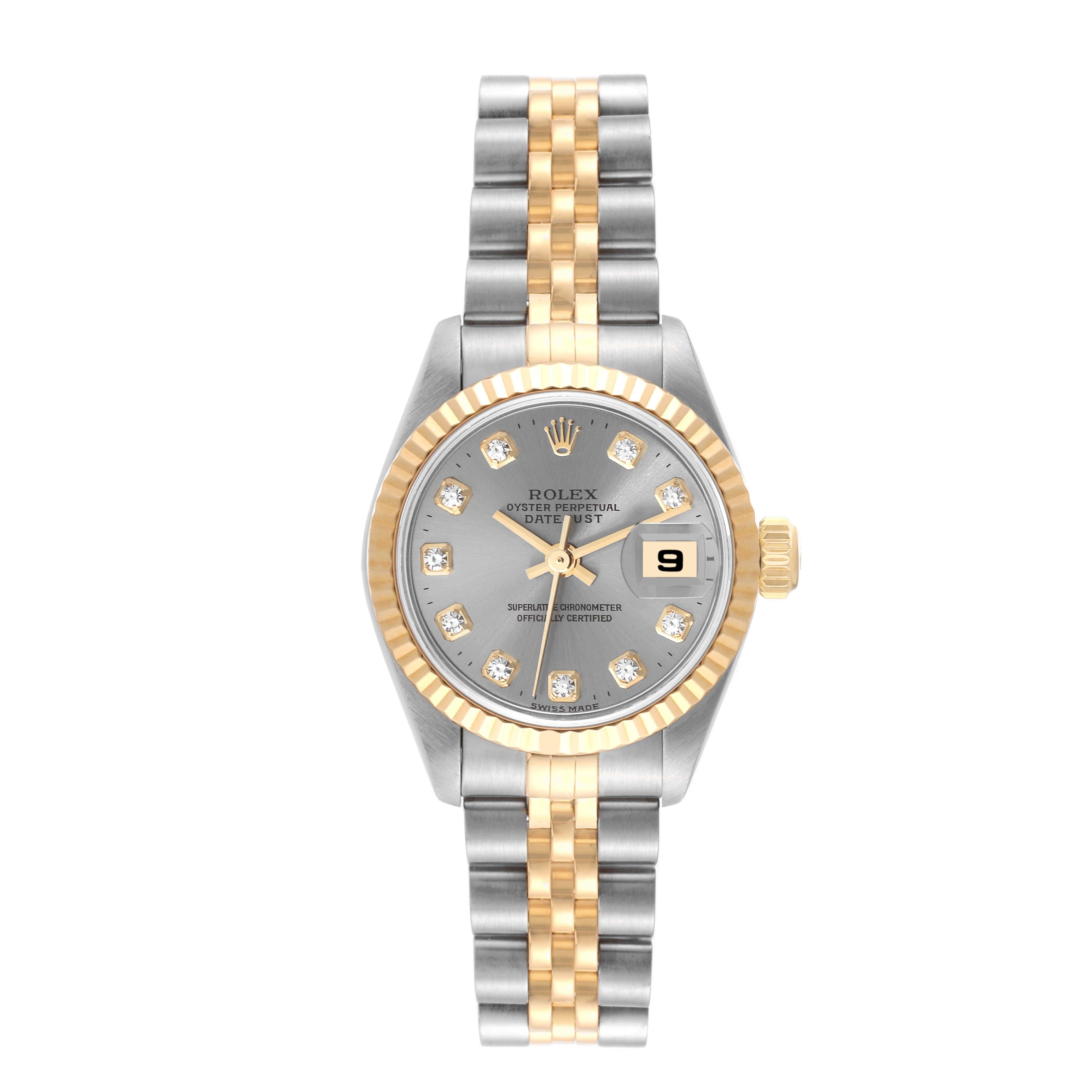 Rolex Datejust Steel Yellow Gold Slate Diamond Dial Ladies Watch 79173. Officially certified chronometer automatic self-winding movement with quickset date function. Stainless steel oyster case 26.0 mm in diameter. Rolex logo on an 18K yellow gold