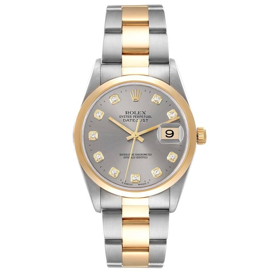 Rolex Datejust Steel Yellow Gold Slate Diamond Dial Mens Watch 16203 Box Papers. Officially certified chronometer automatic self-winding movement. Stainless steel case 36 mm in diameter. Rolex logo on an 18K yellow gold crown. 18k yellow gold smooth