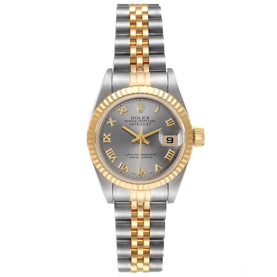 Rolex Datejust Steel Yellow Gold Slate Grey Dial Ladies Watch 69173 Box Papers. Officially certified chronometer self-winding movement. Stainless steel oyster case 26.0 mm in diameter. Rolex logo on a crown. 18k yellow gold fluted bezel. Scratch