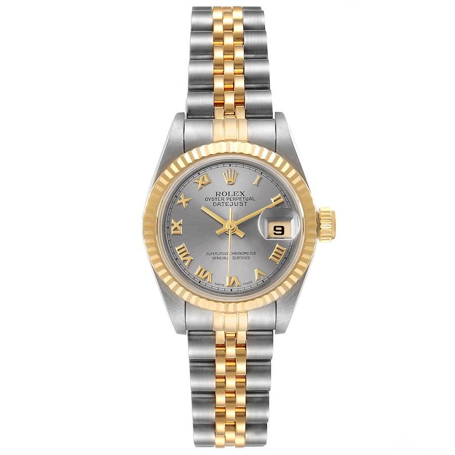 Rolex Datejust Steel Yellow Gold Slate Grey Dial Ladies Watch 69173. Officially certified chronometer self-winding movement. Stainless steel oyster case 26.0 mm in diameter. Rolex logo on a crown. 18k yellow gold fluted bezel. Scratch resistant