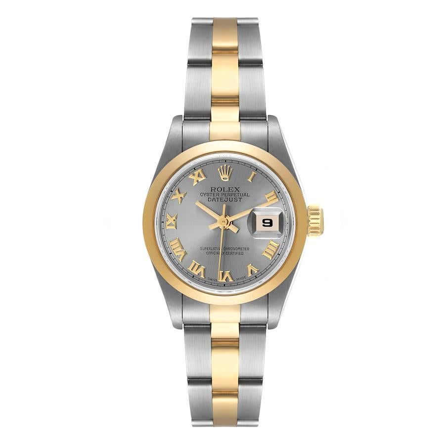 Rolex Datejust Steel Yellow Gold Slate Roman Dial Ladies Watch 69163 Box Papers. Officially certified chronometer self-winding movement. Stainless steel oyster case 26.0 mm in diameter. Rolex logo on a crown. 18k yellow gold smooth bezel. Scratch
