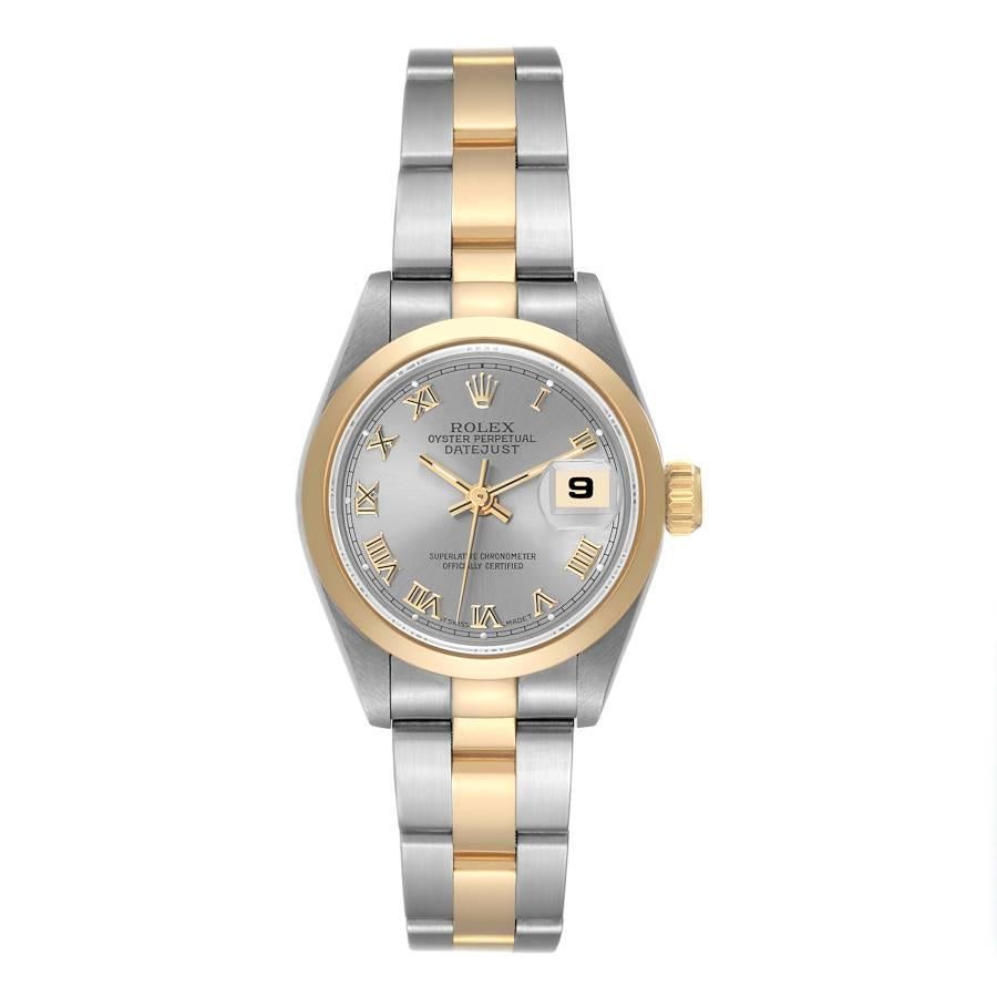 Rolex Datejust Steel Yellow Gold Slate Roman Dial Ladies Watch 69163 Box Papers. Officially certified chronometer automatic self-winding movement. Stainless steel oyster case 26.0 mm in diameter. Rolex logo on the crown. 18k yellow gold smooth