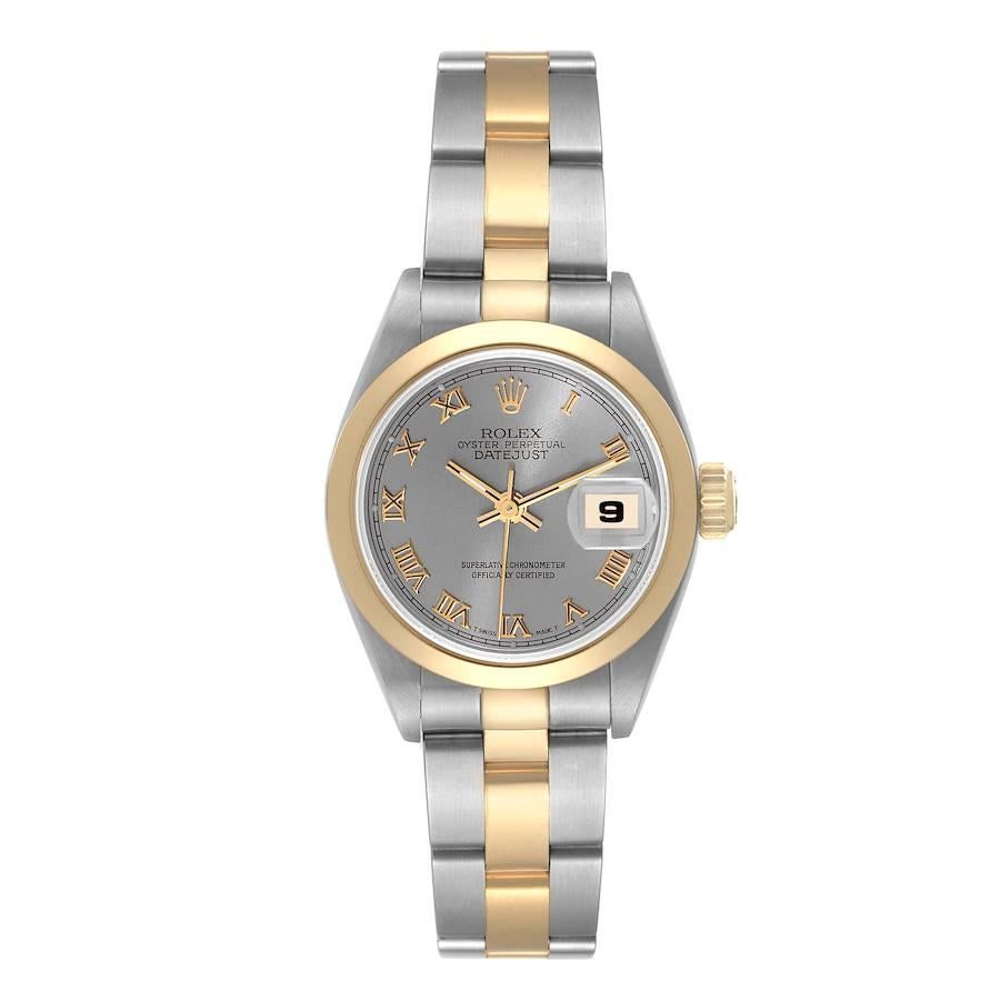 Montre Rolex Datejust en acier, or jaune et cadran romain ardoise pour femmes 69163. Mouvement automatique à remontage automatique, officiellement certifié chronomètre. Boîtier oyster en acier inoxydable de 26.0 mm de diamètre. Logo Rolex sur la