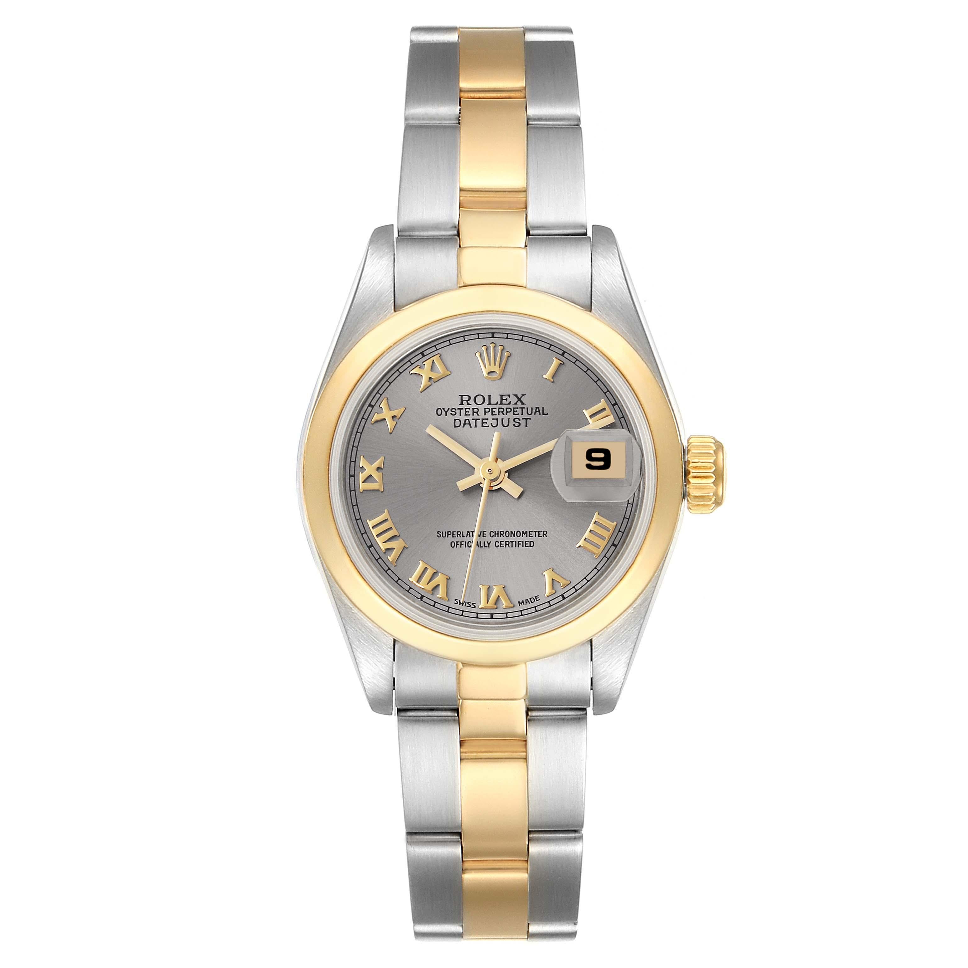 Rolex Datejust Steel Yellow Gold Slate Roman Dial Ladies Watch 69163. Officially certified chronometer automatic self-winding movement. Stainless steel oyster case 26.0 mm in diameter. Rolex logo on the crown. 18k yellow gold smooth bezel. Scratch