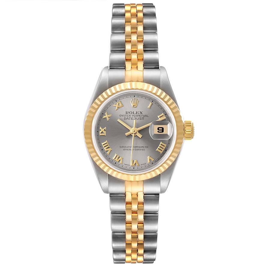 Rolex Datejust Steel Yellow Gold Slate Roman Dial Ladies Watch 69173. Officially certified chronometer self-winding movement. Stainless steel oyster case 26 mm in diameter. Rolex logo on the crown. 18k yellow gold fluted bezel. Scratch resistant