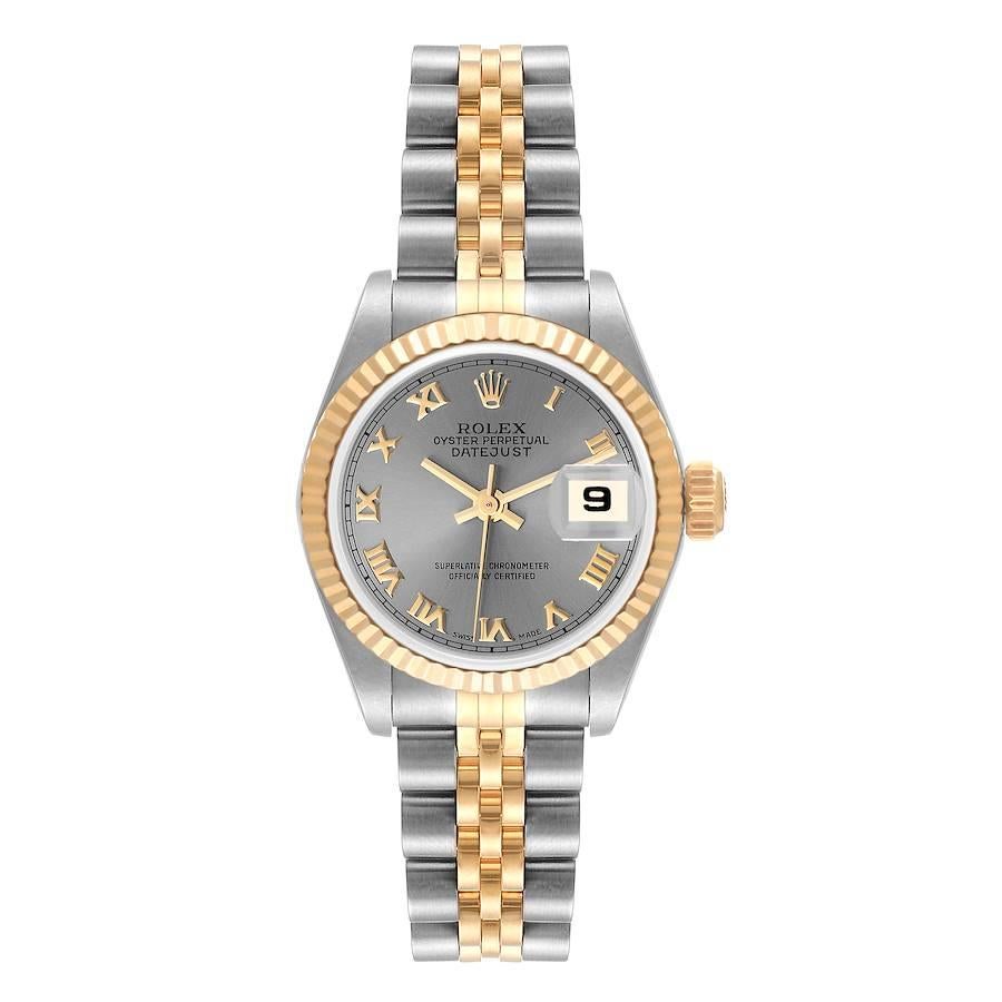 Rolex Datejust Steel Yellow Gold Slate Roman Dial Ladies Watch 69173. Officially certified chronometer automatic self-winding movement. Stainless steel oyster case 26 mm in diameter. Rolex logo on the crown. 18k yellow gold fluted bezel. Scratch