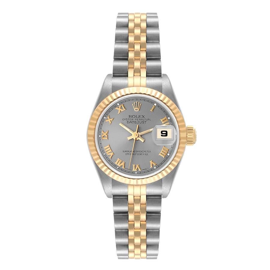 Rolex Datejust Steel Yellow Gold Slate Roman Dial Ladies Watch 69173. Officially certified chronometer automatic self-winding movement. Stainless steel oyster case 26 mm in diameter. Rolex logo on the crown. 18k yellow gold fluted bezel. Scratch