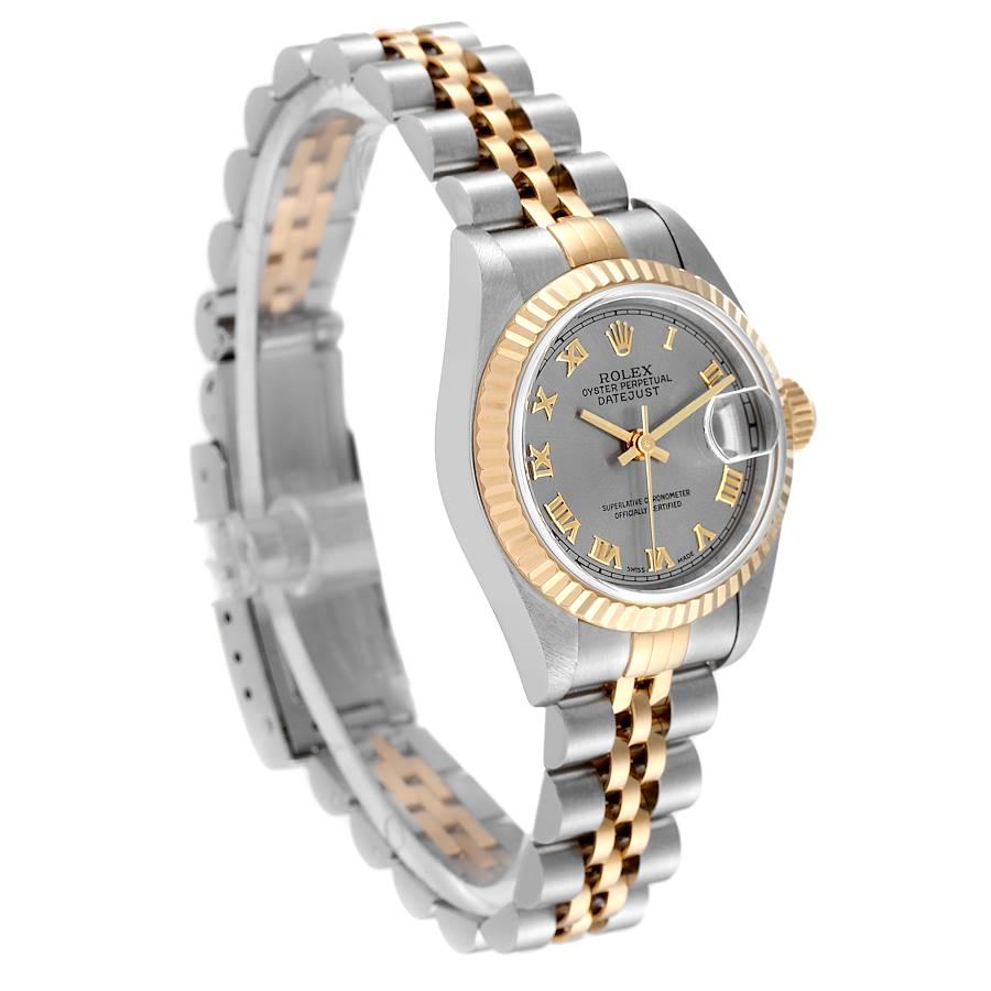 Rolex Datejust Steel Yellow Gold Slate Roman Dial Ladies Watch 69173 In Excellent Condition In Atlanta, GA