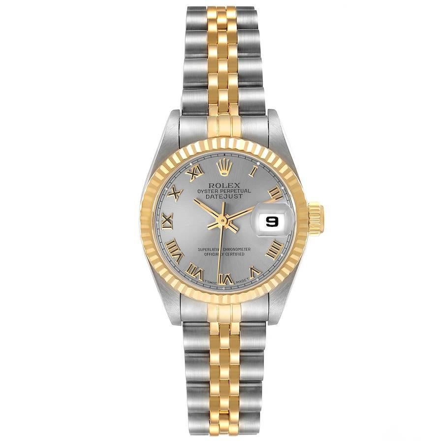 Rolex Datejust Steel Yellow Gold Slate Roman Dial Ladies Watch 69173 Papers. Officially certified chronometer automatic self-winding movement. Stainless steel oyster case 26 mm in diameter. Rolex logo on the crown. 18k yellow gold fluted bezel.
