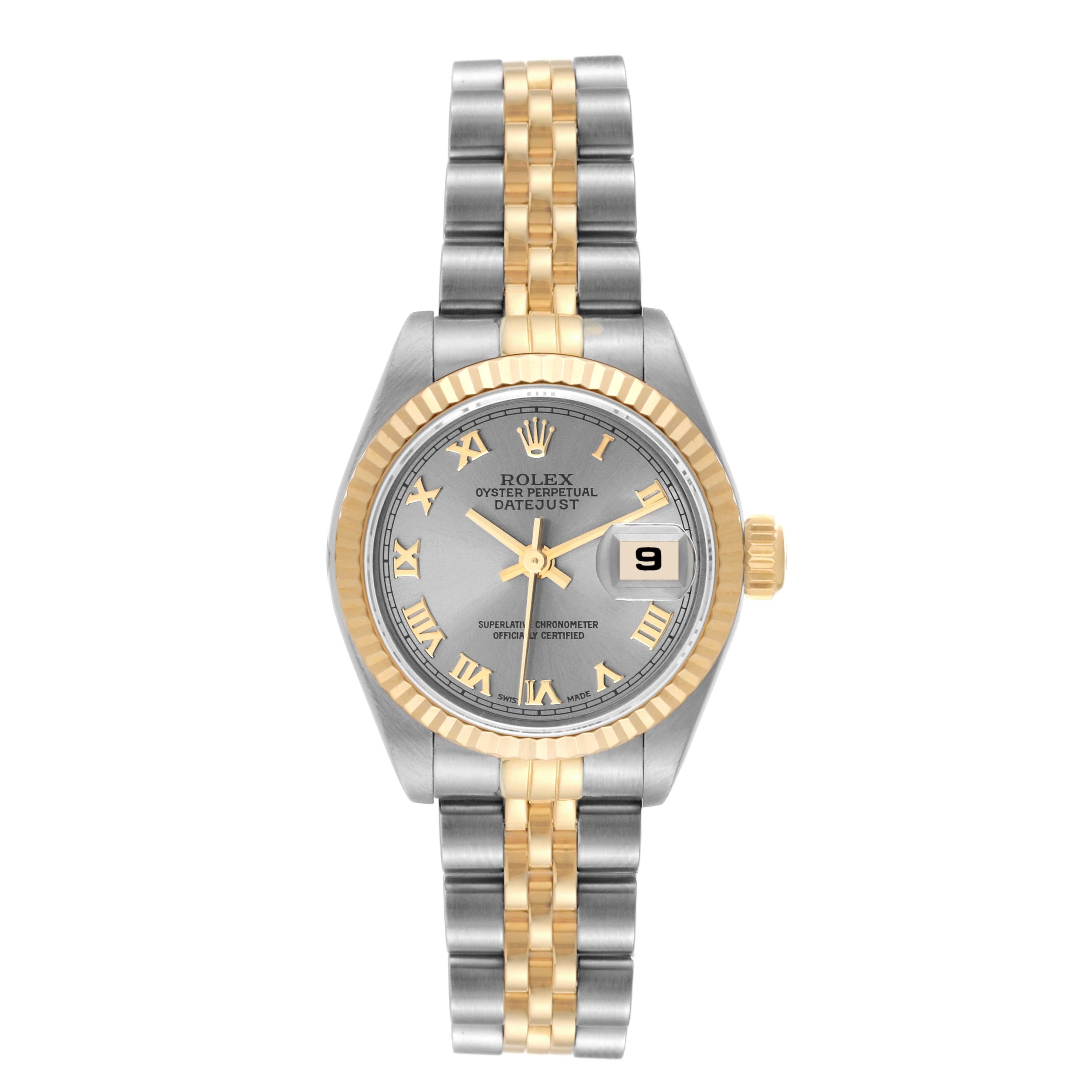 Rolex Datejust Steel Yellow Gold Slate Roman Dial Ladies Watch 79173. Officially certified chronometer automatic self-winding movement with quickset date function. Stainless steel oyster case 26.0 mm in diameter. Rolex logo on an 18K yellow gold