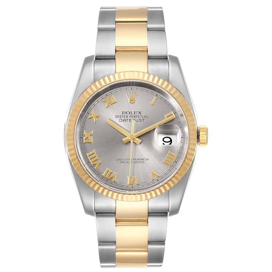 Rolex Datejust Steel Yellow Gold Slate Roman Dial Mens Watch 116233. Officially certified chronometer self-winding movement with quickset date. Stainless steel case 36.0 mm in diameter. High polished lugs. Rolex logo on a crown. 18k yellow gold