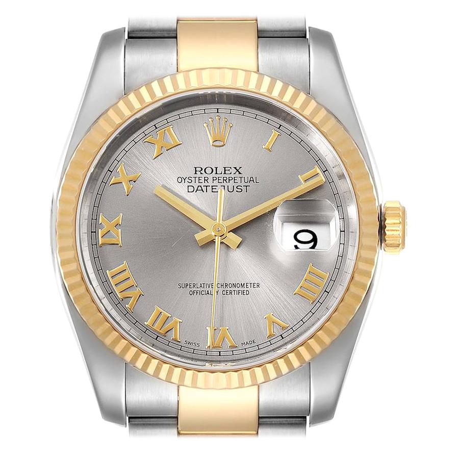 Rolex Datejust Steel Yellow Gold Slate Roman Dial Mens Watch 116233
