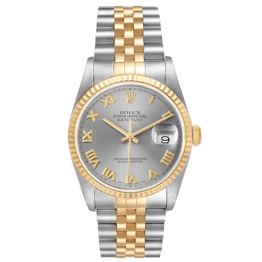 Rolex Datejust Steel Yellow Gold Slate Roman Dial Mens Watch 16233. Officially certified chronometer self-winding movement. Stainless steel case 36 mm in diameter.  Rolex logo on a 18K yellow gold crown. 18k yellow gold fluted bezel. Scratch