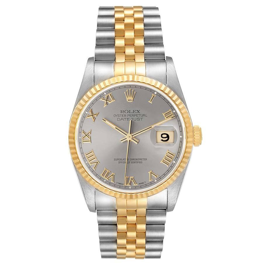 Rolex Datejust Stahl Gelbgold Schiefer römisches Zifferblatt Herrenuhr 16233. Offiziell zertifiziertes Chronometerwerk mit automatischem Aufzug. Gehäuse aus Edelstahl mit einem Durchmesser von 36,0 mm. Rolex-Logo auf einer Krone. geriffelte Lünette