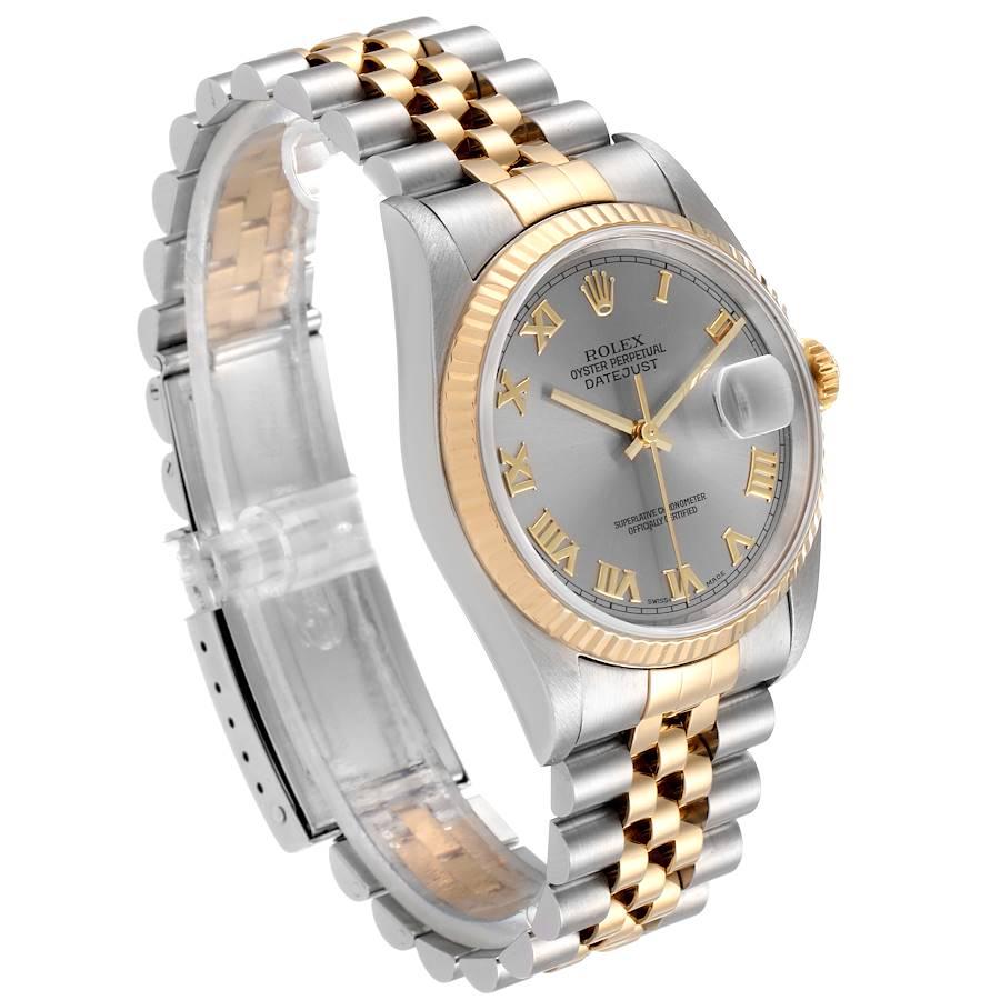 Rolex Datejust Steel Yellow Gold Slate Roman Dial Mens Watch 16233 In Good Condition For Sale In Atlanta, GA