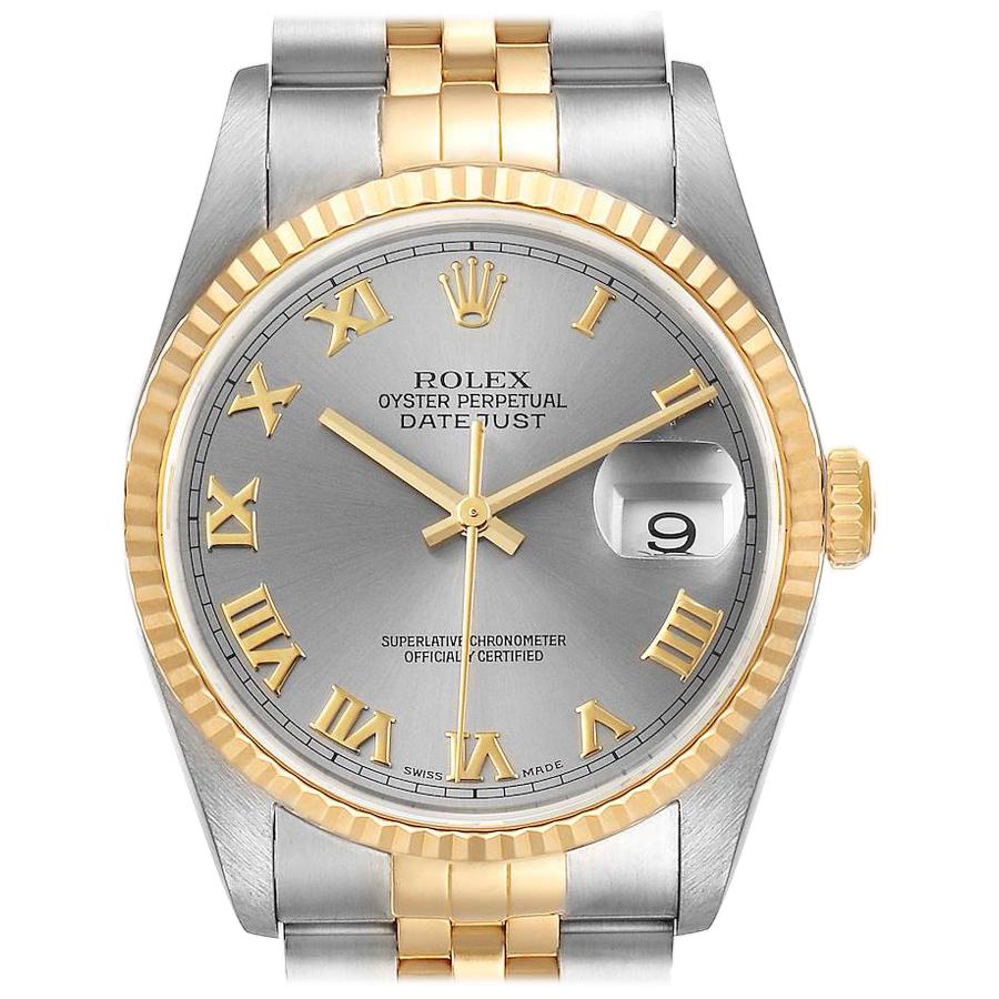 Rolex Datejust Steel Yellow Gold Slate Roman Dial Mens Watch 16233 For Sale