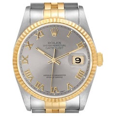 Rolex Datejust Steel Yellow Gold Slate Roman Dial Mens Watch 16233