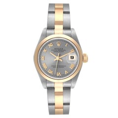 Rolex Datejust Steel Yellow Gold Smooth Bezel Slate Dial Ladies Watch 79163