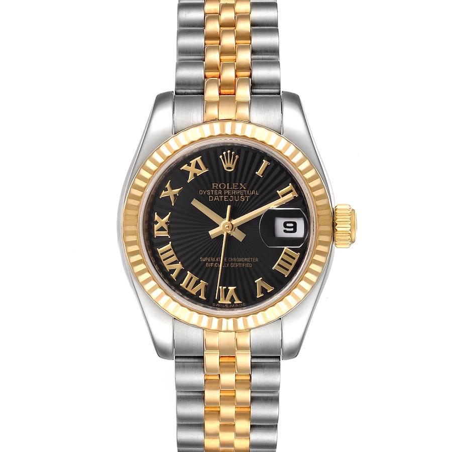 Rolex Datejust Steel Yellow Gold Sunbeam Dial Ladies Watch 179173 Box Card. Officially certified chronometer self-winding movement. Stainless steel oyster case 26.0 mm in diameter. Rolex logo on a 18K yellow gold crown. 18k yellow gold fluted bezel.