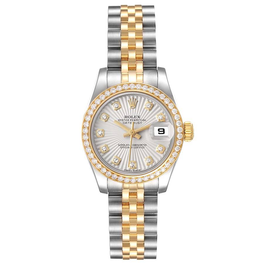 Rolex Datejust Steel Yellow Gold Sunbeam Diamond Ladies Watch 179383 Box Card. Officially certified chronometer automatic self-winding movement. Stainless steel oyster case 26.0 mm in diameter. Rolex logo on an 18K yellow gold crown. 18k yellow gold