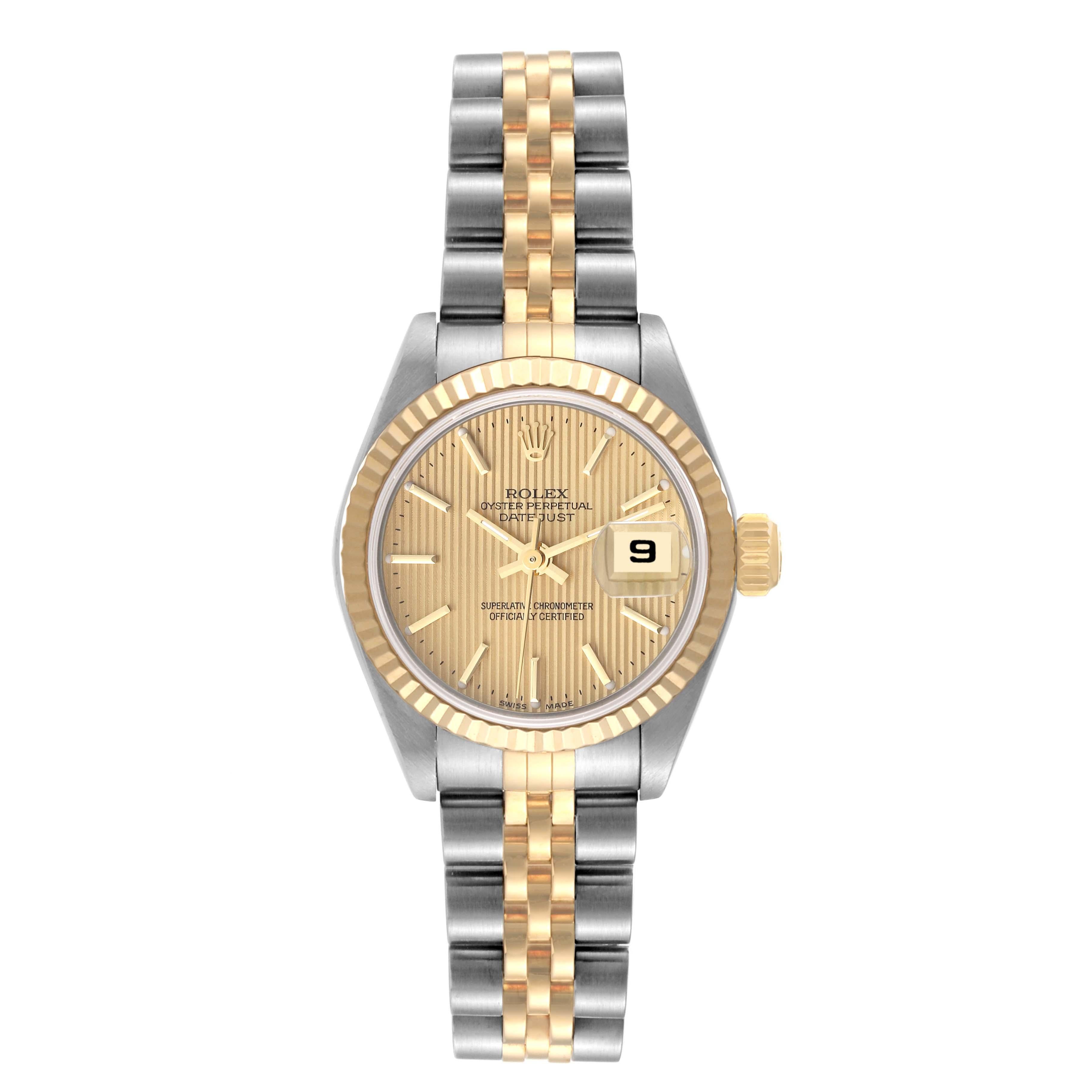 Rolex Datejust Steel Yellow Gold Tapestry Dial Ladies Watch 79173 Box Papers. Officially certified chronometer automatic self-winding movement. Stainless steel oyster case 26 mm in diameter. Rolex logo on an 18K yellow gold crown. 18k yellow gold