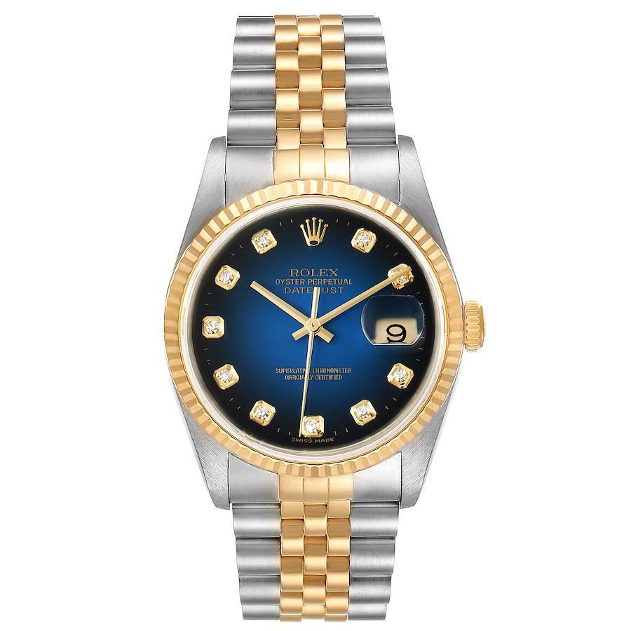 Rolex Datejust Steel Yellow Gold Vignette Diamond Dial Mens Watch 16233. Officially certified chronometer self-winding movement. Stainless steel case 36.0 mm in diameter. Rolex logo on a 18K yellow gold crown. 18k yellow gold fluted bezel. Scratch