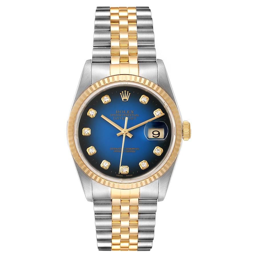 Rolex Datejust Steel Yellow Gold Vignette Diamond Dial Mens Watch 16233. Officially certified chronometer self-winding movement. Stainless steel case 36.0 mm in diameter.  Rolex logo on a 18K yellow gold crown. 18k yellow gold fluted bezel. Scratch