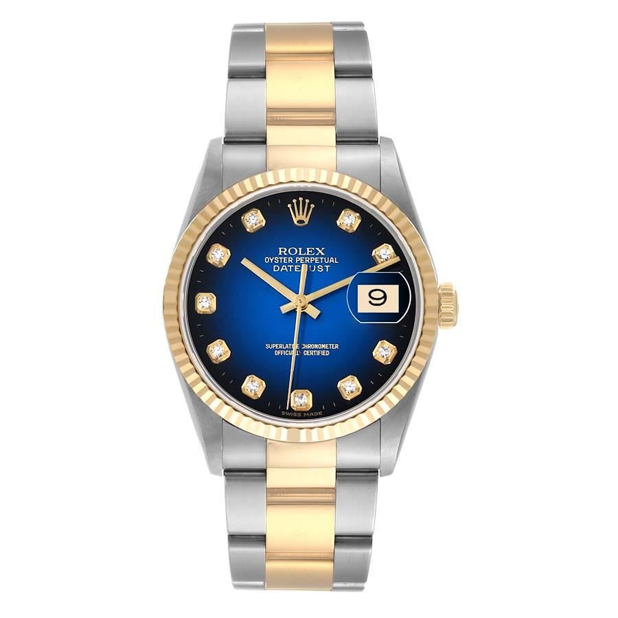 Rolex Datejust Steel Yellow Gold Vignette Diamond Dial Mens Watch 16233. Officially certified chronometer automatic self-winding movement. Stainless steel case 36.0 mm in diameter.  Rolex logo on an 18K yellow gold crown. 18k yellow gold fluted