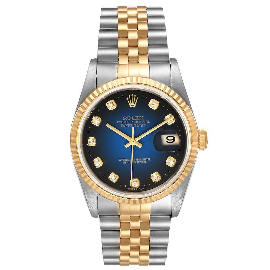 Rolex Datejust Steel Yellow Gold Vignette Diamond Dial Watch 16233. Officially certified chronometer self-winding movement. Stainless steel case 36.0 mm in diameter.  Rolex logo on a 18K yellow gold crown. 18k yellow gold fluted bezel. Scratch