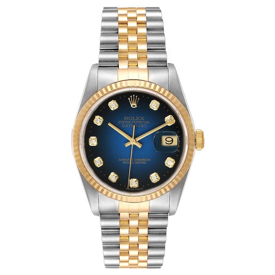 Rolex Datejust Steel Yellow Gold Vignette Diamond Dial Watch 16233 Papers. Officially certified chronometer self-winding movement. Stainless steel case 36.0 mm in diameter.  Rolex logo on a 18K yellow gold crown. 18k yellow gold fluted bezel.