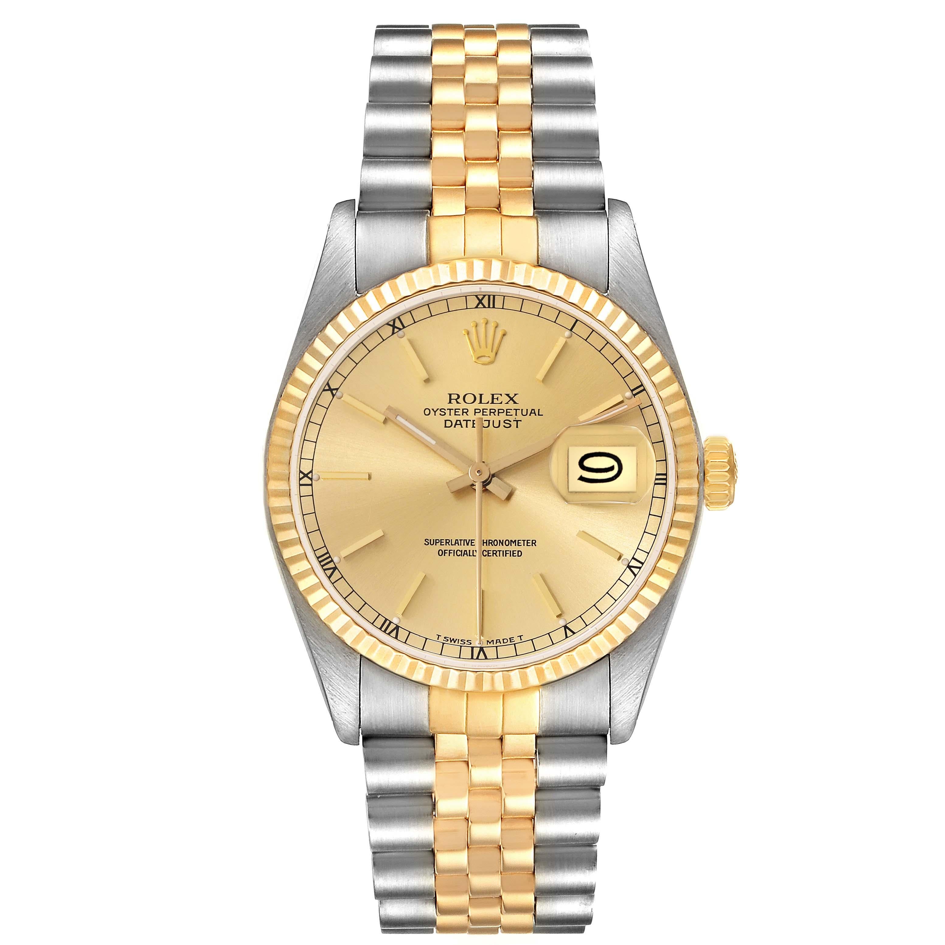 Rolex Datejust Steel Yellow Gold Vintage Mens Watch 16013 Box Card. Officially certified chronometer automatic self-winding movement. Stainless steel and 18k yellow gold oyster case 36.0 mm in diameter. Rolex logo on an 18k yellow gold crown. 18k